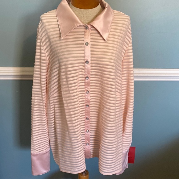 NWT JS collection sheer blush pick rhinestone button down satin collar & cuff 24 - Picture 1 of 9